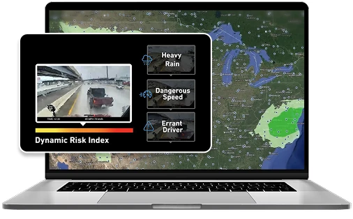 Laptop showing a weather map with a Dynamic Risk Index panel, a road video frame and labels for heavy rain, dangerous speed and errant driver