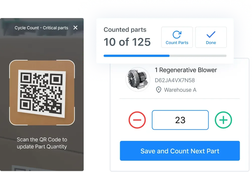 Phone screen scanning a QR code for a cycle count next to a counted-parts progress panel and a quantity entry for a blower part.