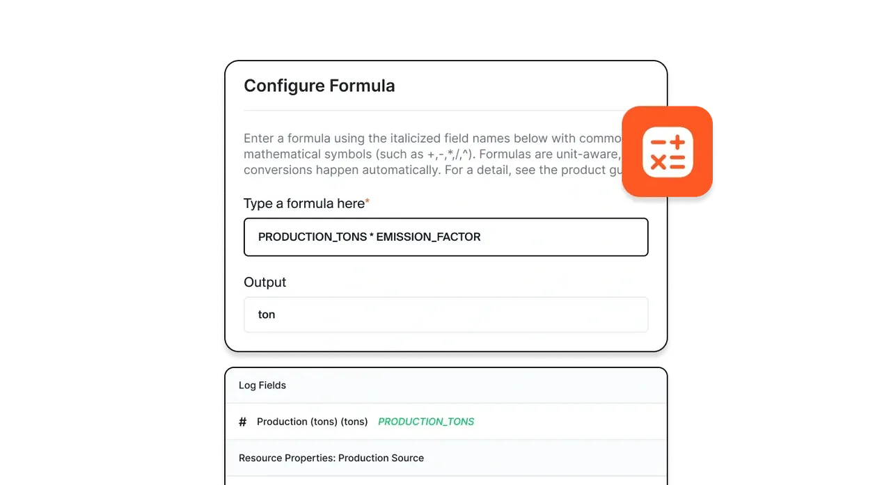 Configure Formula dialog with a formula field, output unit, and a log fields list