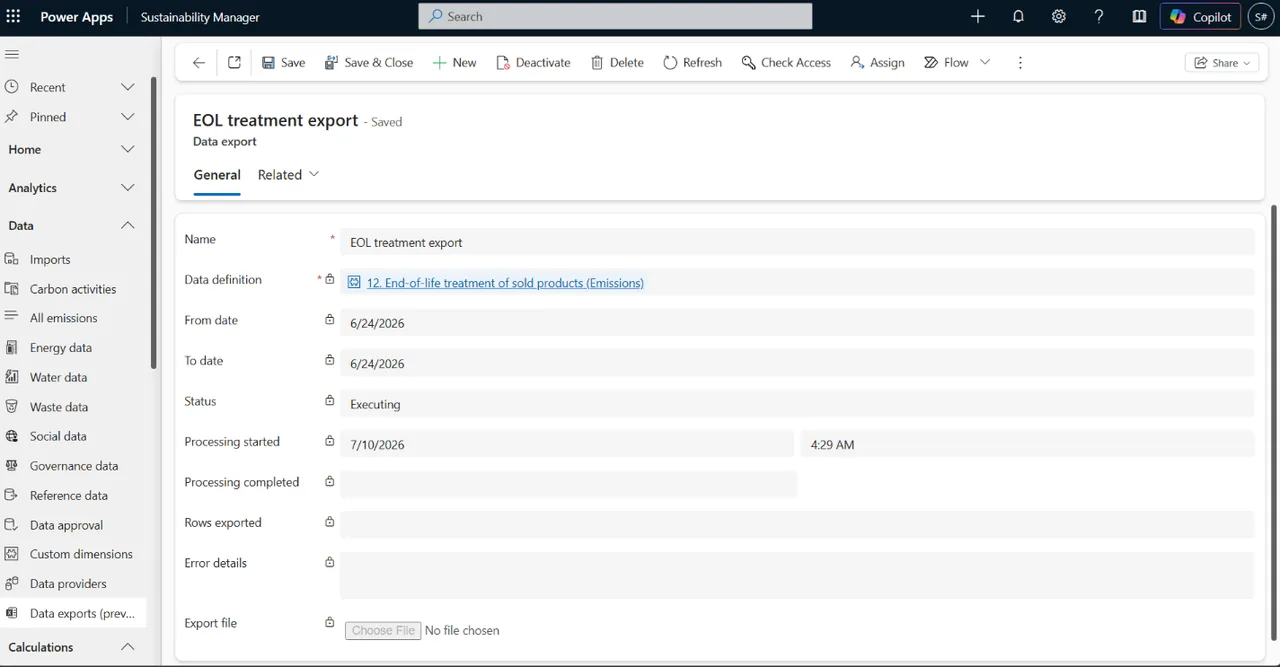 Power Apps form for a data export named EOL treatment export with data definition, dates, status Executing and an export file field