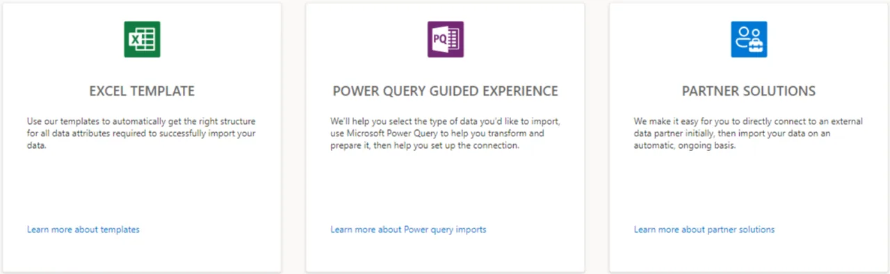 Three cards named Excel Template, Power Query Guided Experience and Partner Solutions with short descriptions
