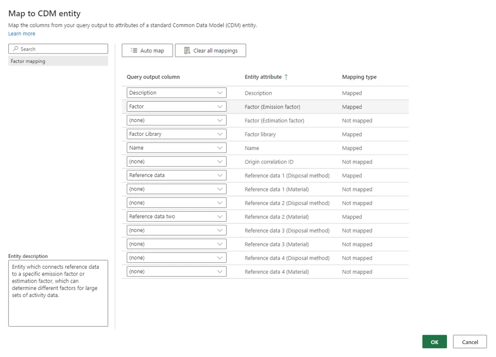 Map to CDM entity dialog listing query output columns, entity attributes and mapping status for emission factor data