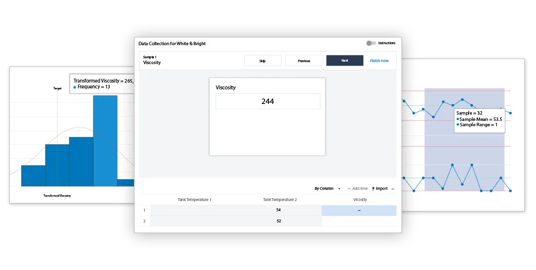 Data collection form for a viscosity measure beside a transformed viscosity histogram and a control chart with a highlighted sample