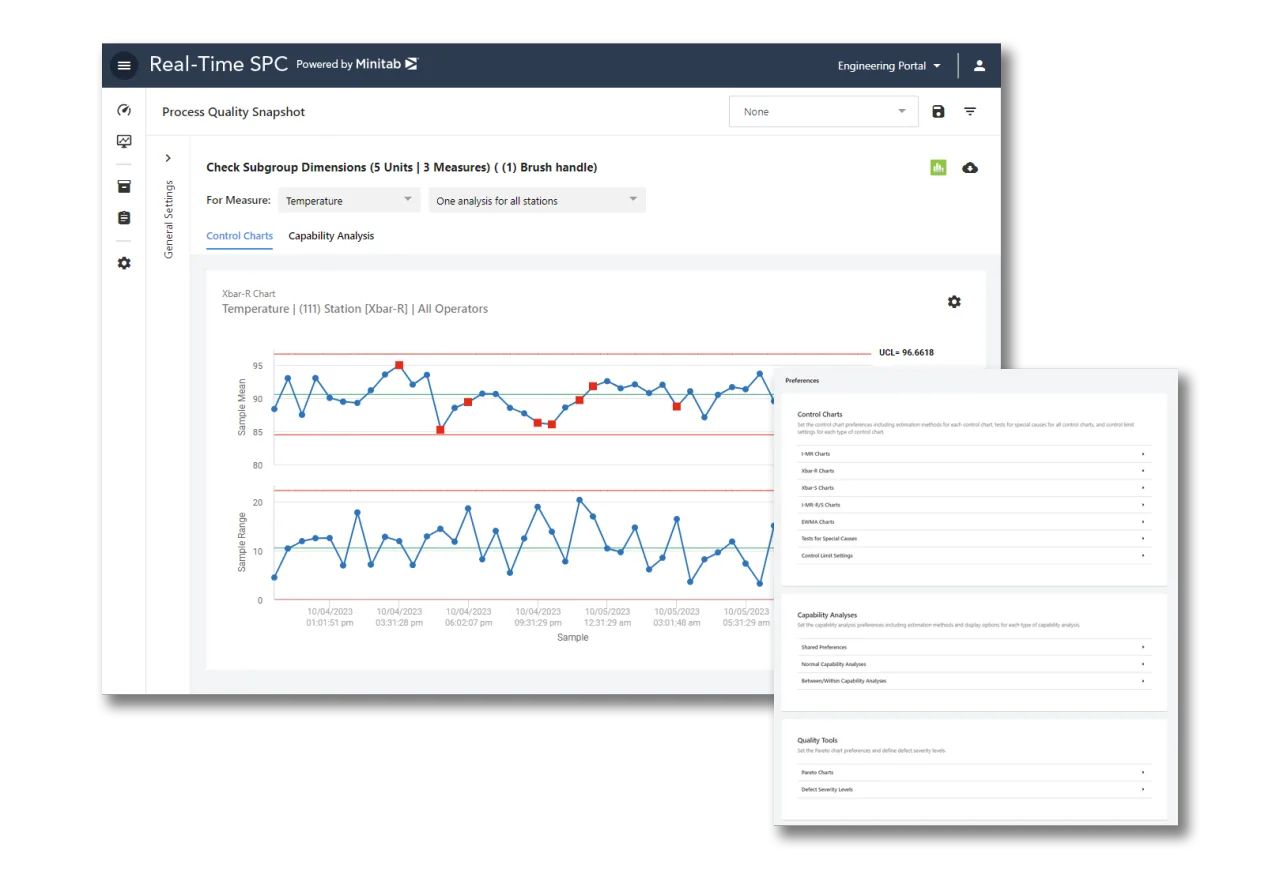 Real-Time SPC Engineering Portal showing an Xbar-R control chart of temperature with flagged points, plus a preferences panel