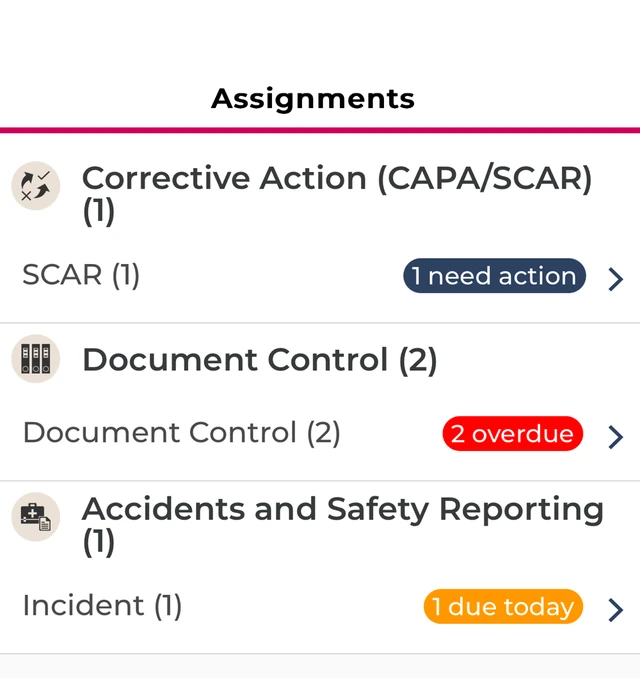 Phone screen listing corrective action, document control and incident assignments with overdue and due-today badges