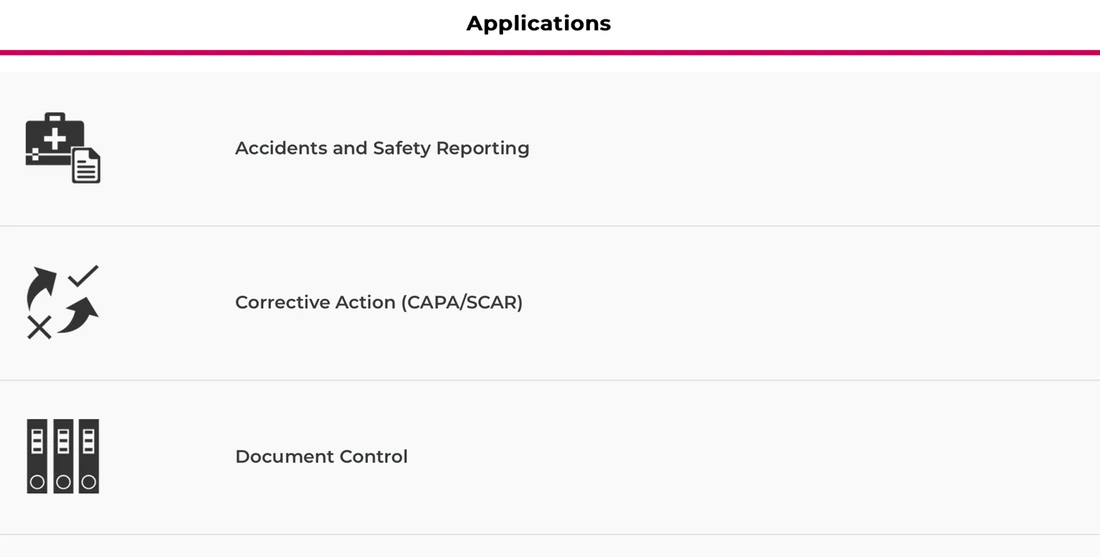 Tablet screen listing accidents and safety reporting, corrective action and document control applications