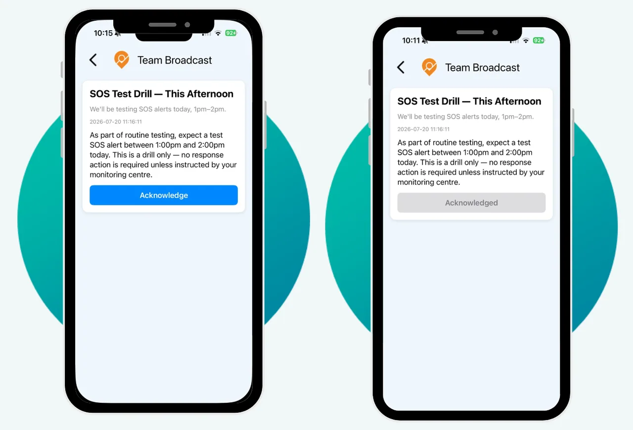 Two phone screens showing a test-drill broadcast with an Acknowledge button and a greyed Acknowledged button