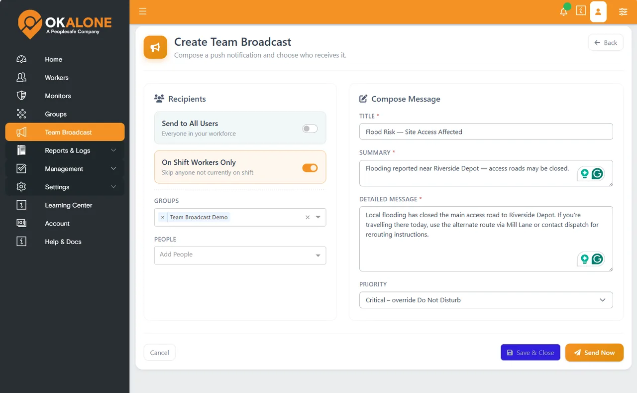 Dashboard form with recipient options, title, summary, detailed message and priority fields for a Team Broadcast
