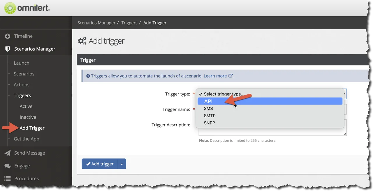 Omnilert admin portal Add trigger form with the trigger type list open and API selected