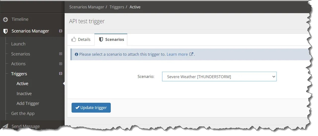 Omnilert admin portal trigger page, Scenarios tab, with a scenario selected from a drop-down and an Update trigger button