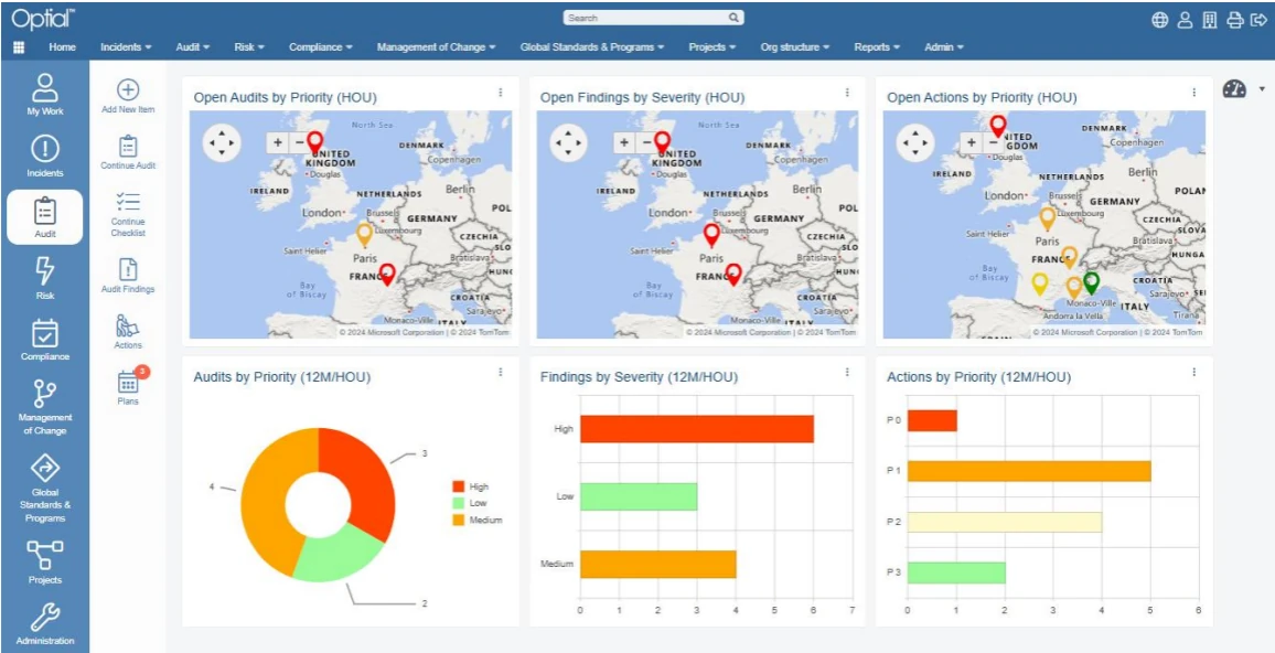 Optial dashboard with three maps and three charts of open audits, findings and actions by priority and severity
