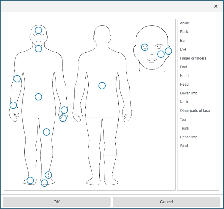 Front, back and head body diagrams beside a list of body parts for marking where an injury occurred