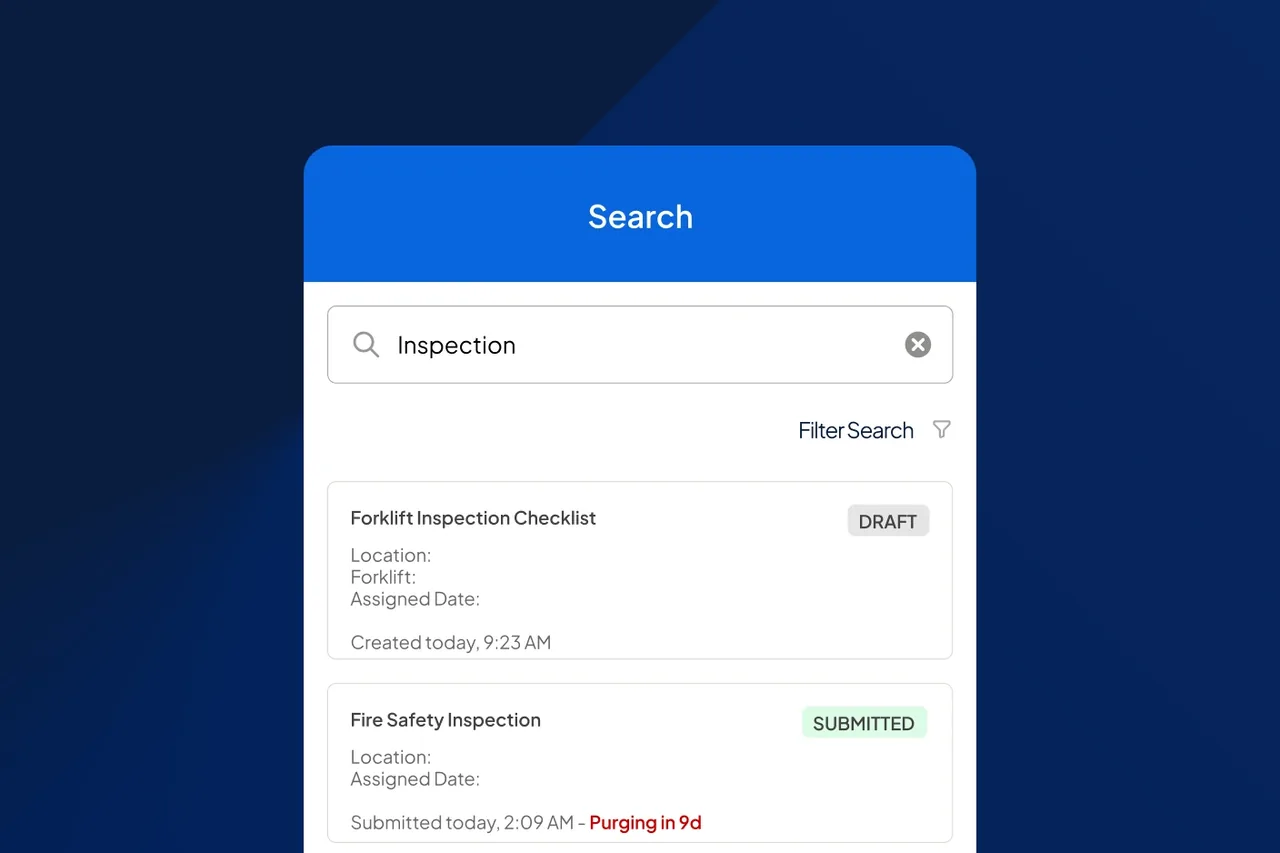 Mobile search screen for 'Inspection' listing a Forklift Inspection Checklist marked Draft and a Fire Safety Inspection marked Submitted