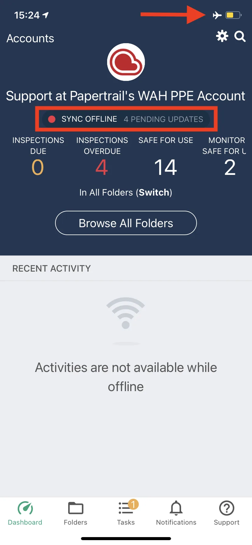 Phone screen of the Papertrail dashboard in airplane mode showing Sync offline, 4 pending updates and inspection counts.