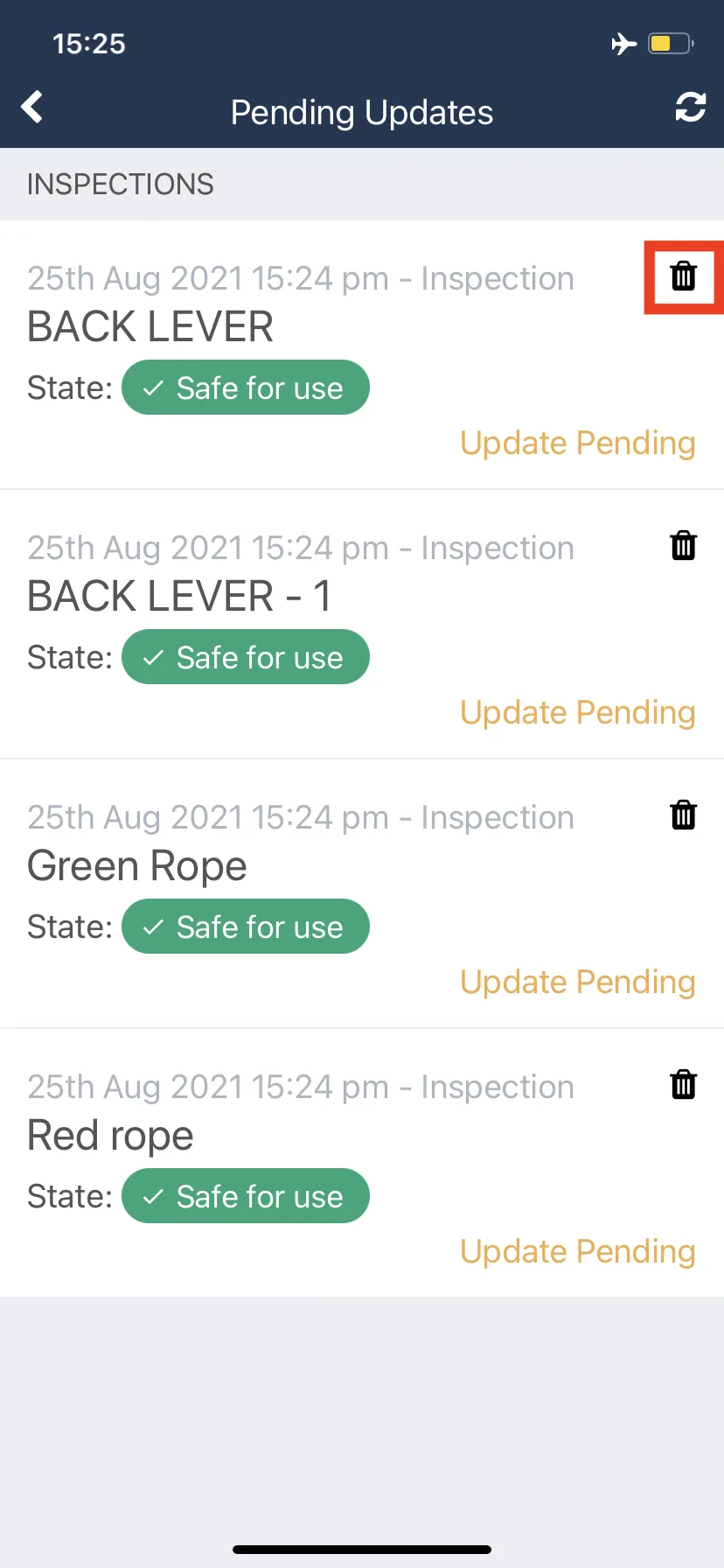 Phone screen titled Pending Updates listing four queued inspections marked Safe for use and Update Pending.