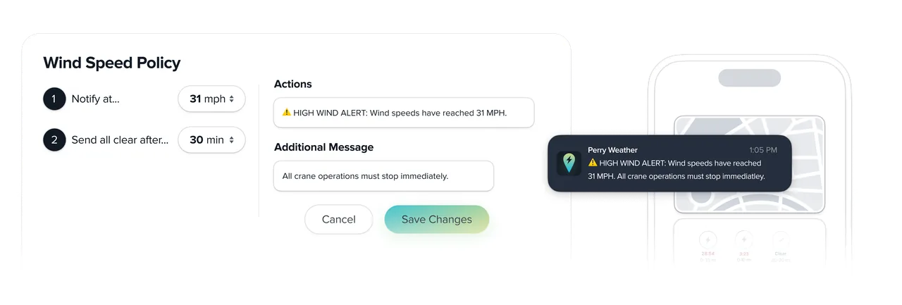 Wind Speed Policy form with a 31 mph notify threshold, an alert message and a mobile notification