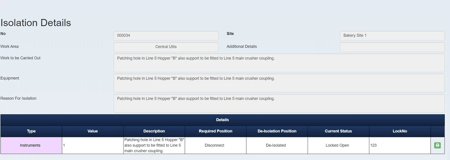 Isolation details form with site, work area and work description fields above a table of type, required position, current status and lock number
