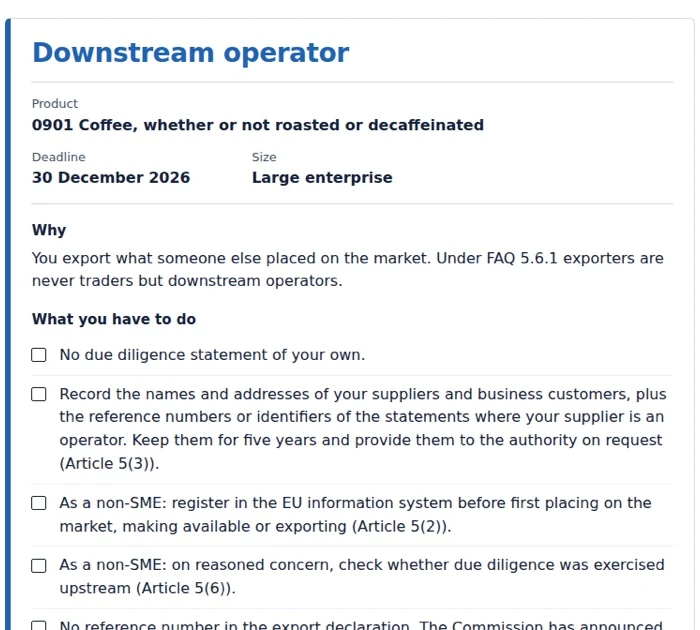 Result card for a coffee product showing a downstream operator role, a deadline, a company size and a checklist of obligations