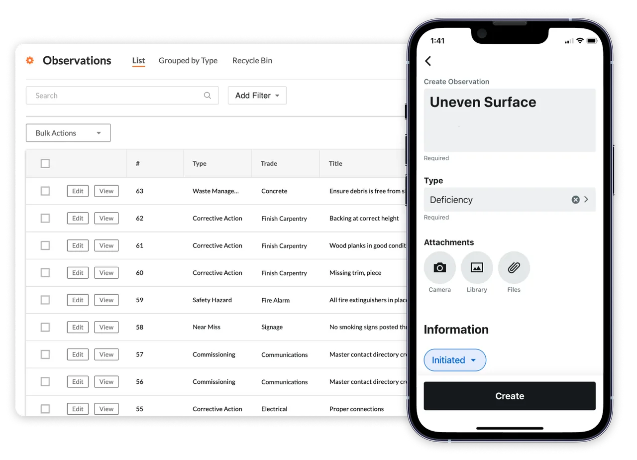 Procore Observations list with type and trade columns beside a phone screen creating an Uneven Surface observation of type Deficiency