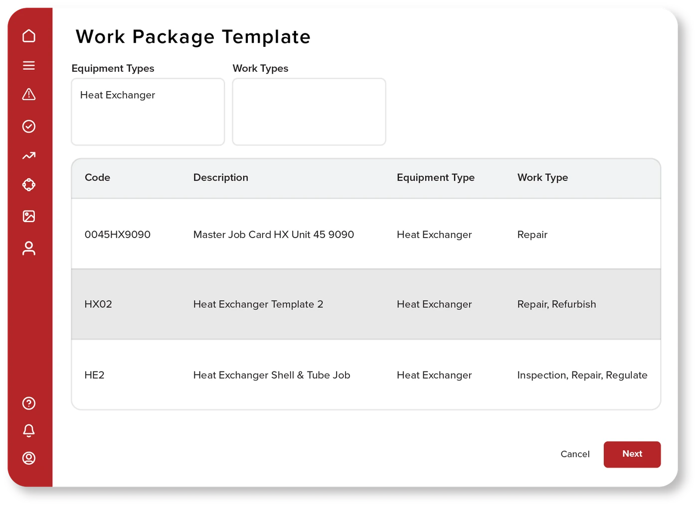 Work Package Template screen with equipment type and work type filters above a table of heat exchanger templates with code, description and work type
