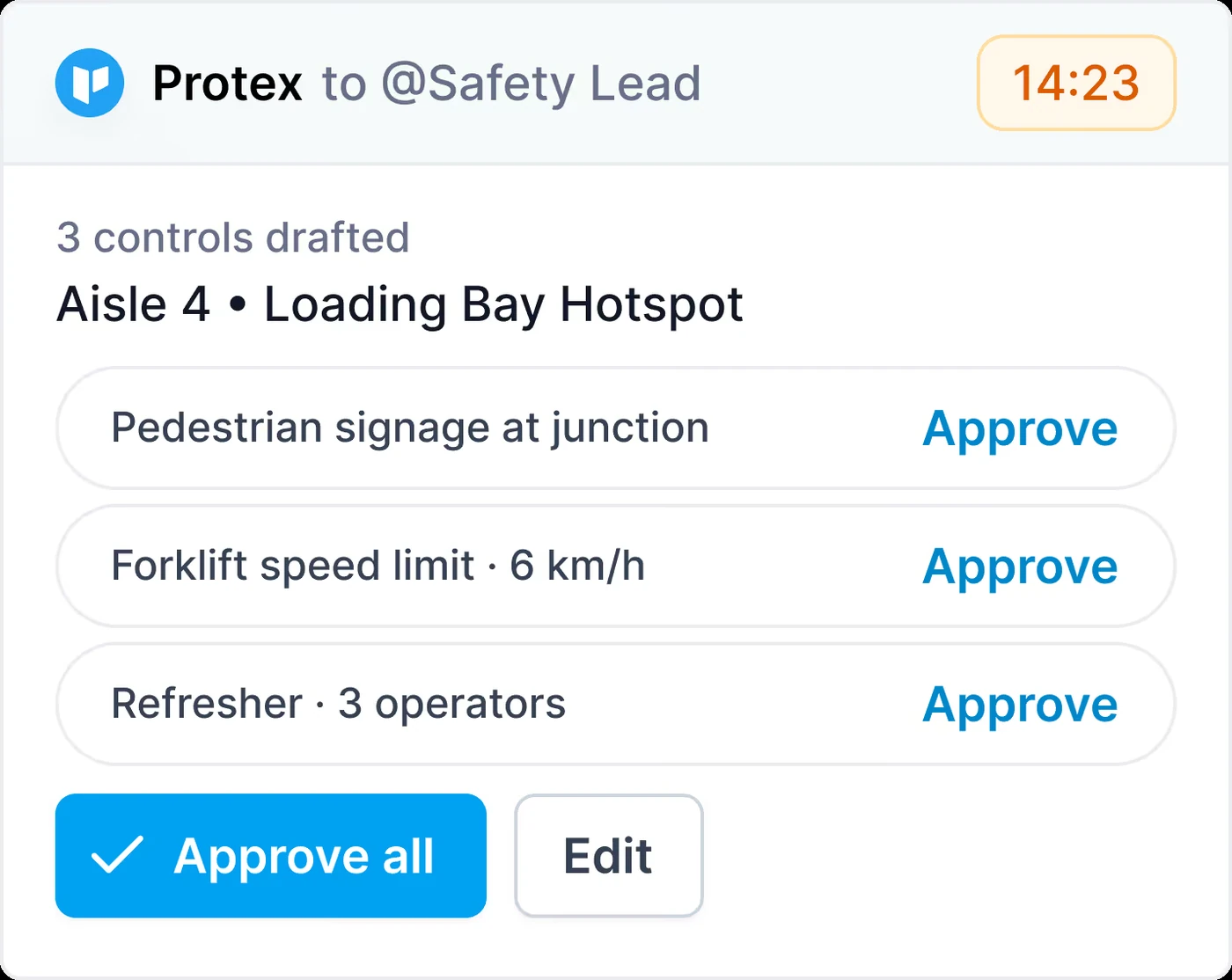 Card listing three drafted controls for a loading bay hotspot, each with an approve button