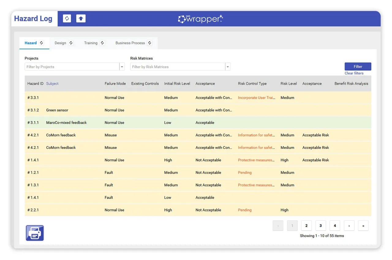 qmsWrapper Hazard Log screen with a table of hazards, risk levels, acceptance status and risk control types, with pagination