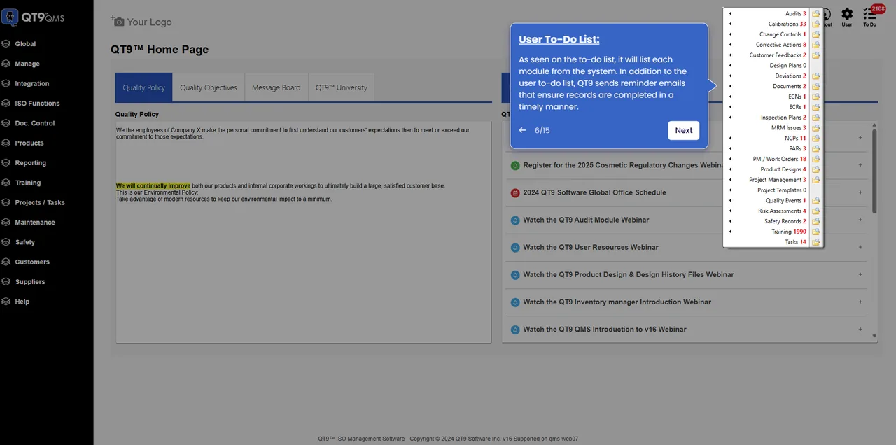 QT9 QMS home page with module navigation, quality policy and news feed, and a to-do list of record counts by module