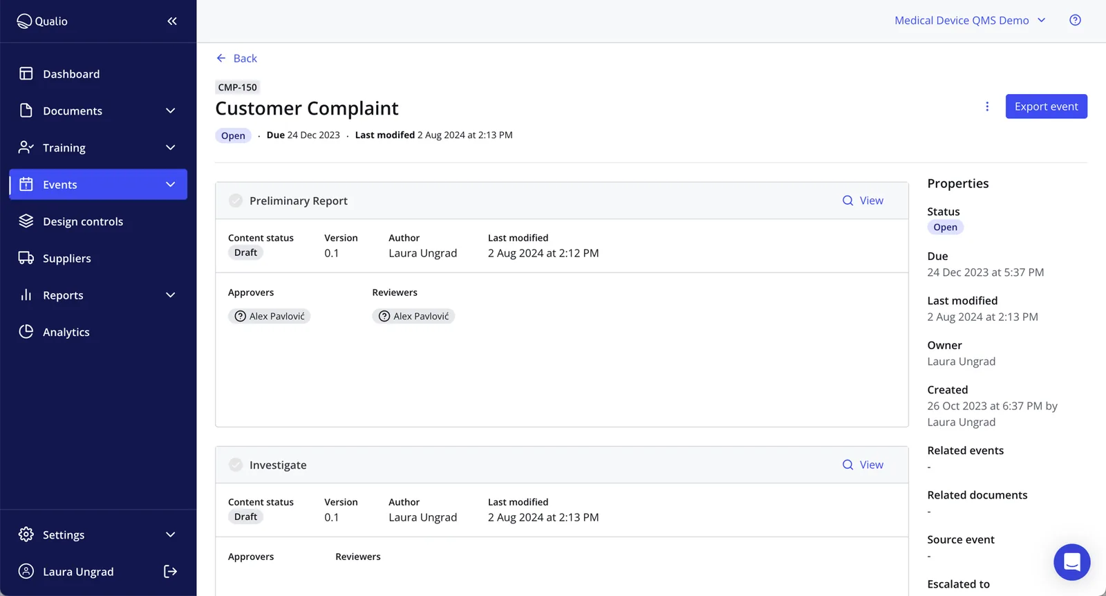 Qualio customer-complaint event showing preliminary report, investigation, approvers and reviewers