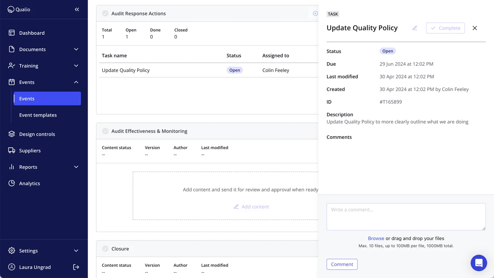Qualio event task details panel for updating a quality policy with audit-response and closure sections