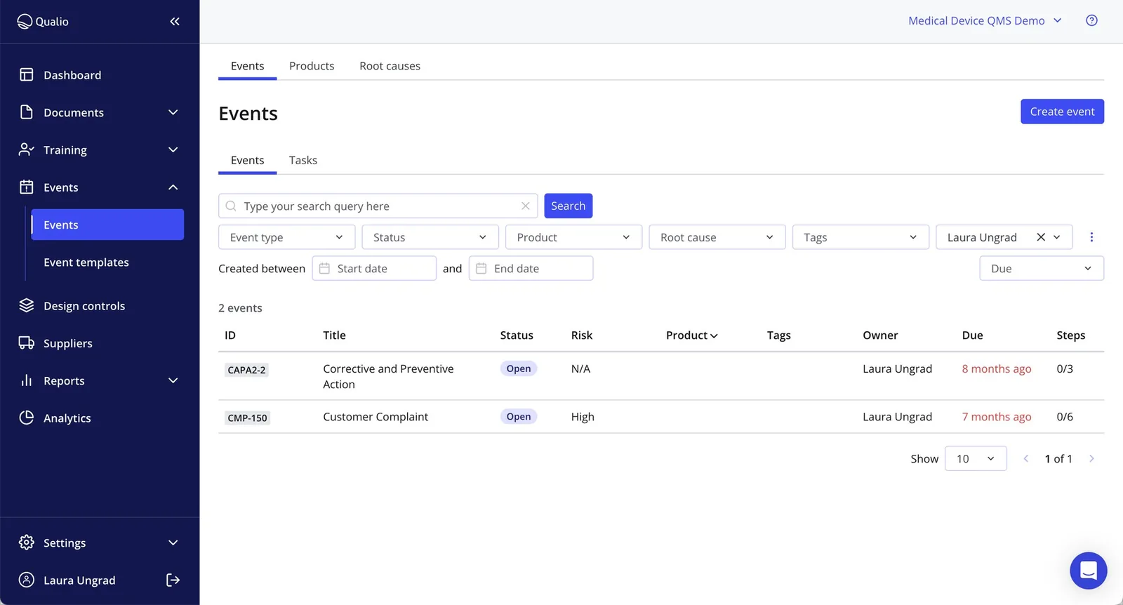 Qualio Events workspace listing a corrective action and customer complaint with status, risk, owner and workflow steps