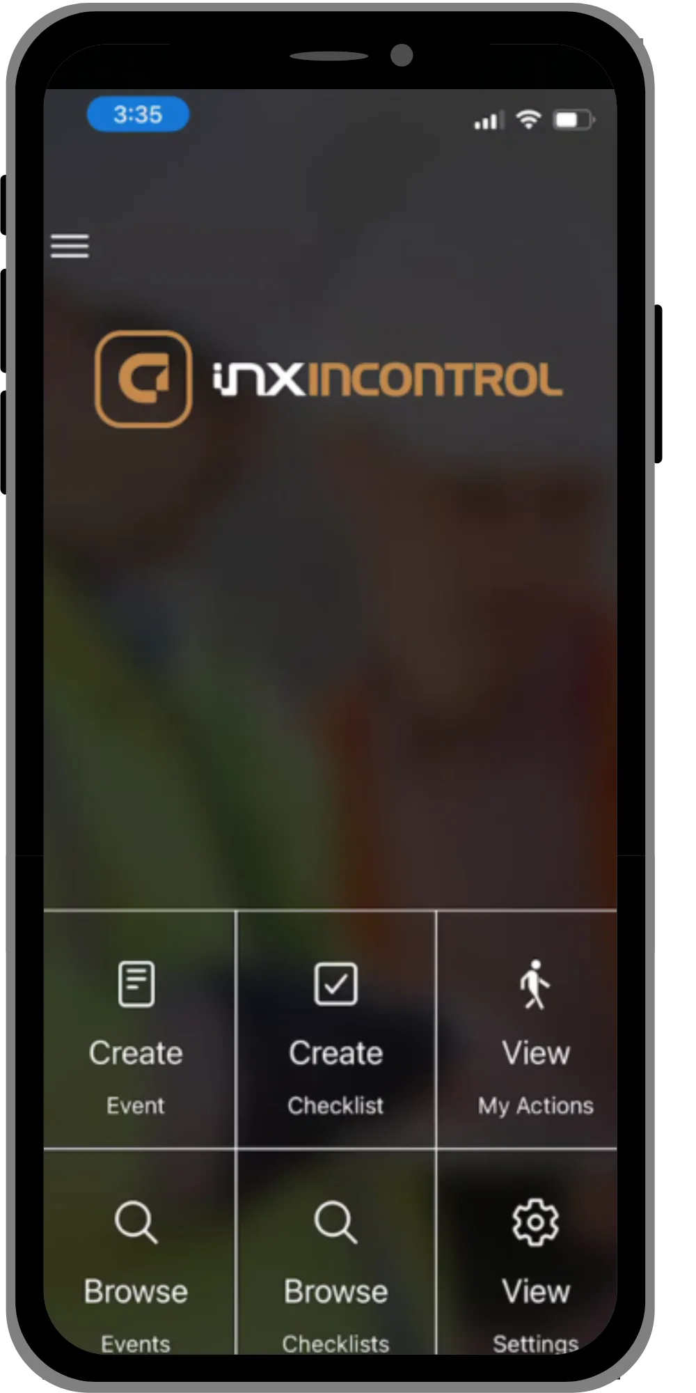 Phone home screen with tiles to create an event, create a checklist, view my actions, browse events, browse checklists and view settings