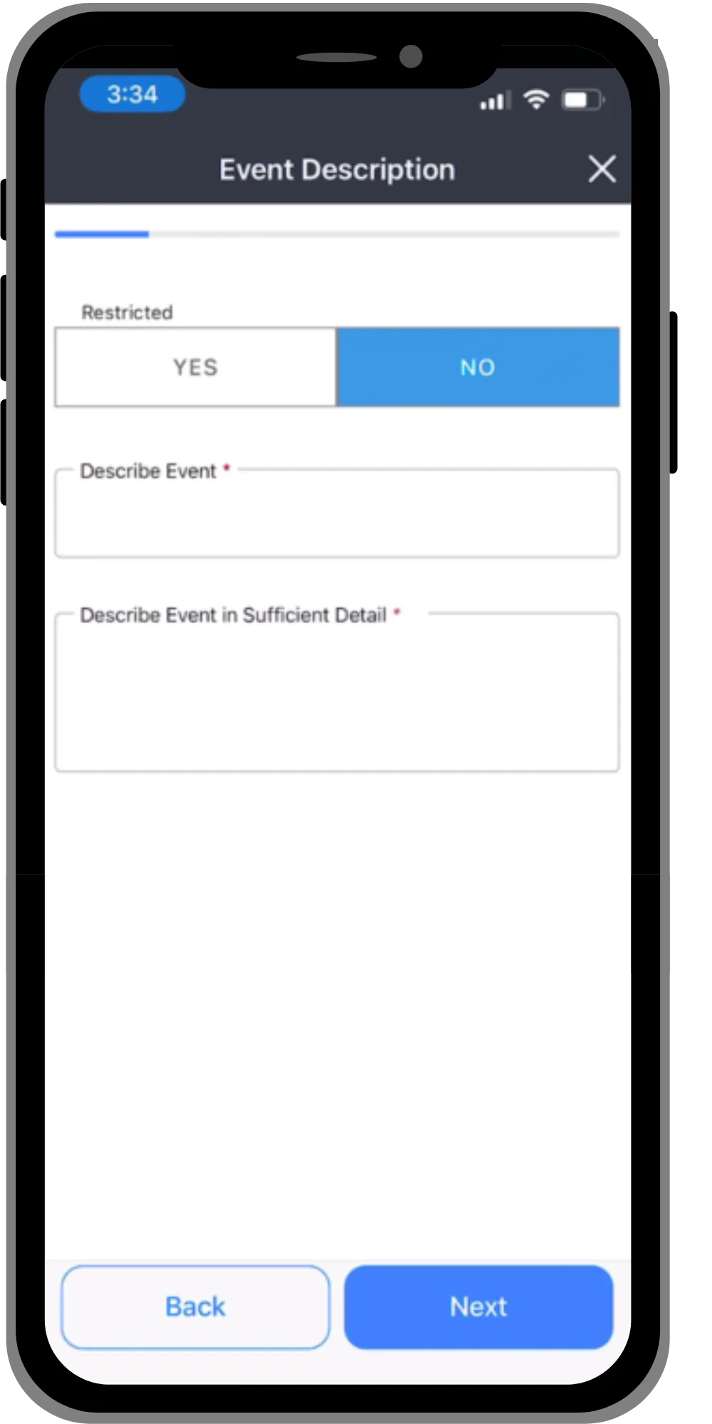 Phone screen titled Event Description with a Restricted yes or no toggle, two required text boxes and Back and Next buttons