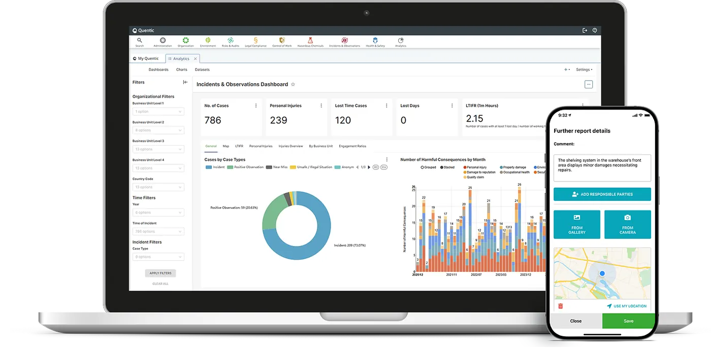 Quentic platform dashboard on a laptop with mobile reporting views on phone and tablet