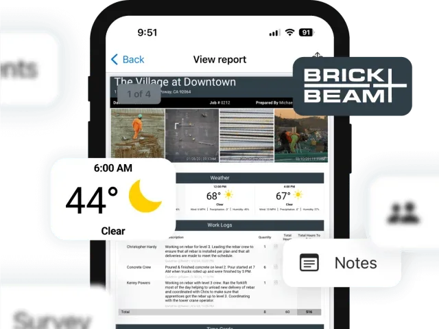 Raken mobile daily-report preview with project photos, weather, work logs and notes