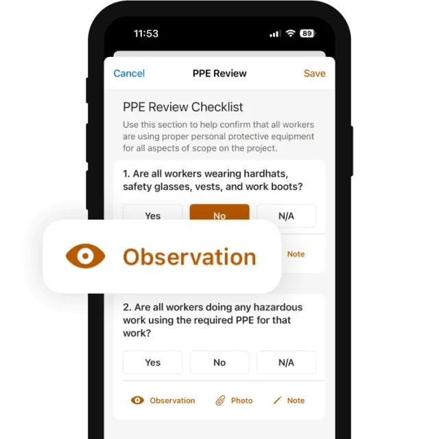 Raken mobile PPE review checklist with observation, photo and note controls