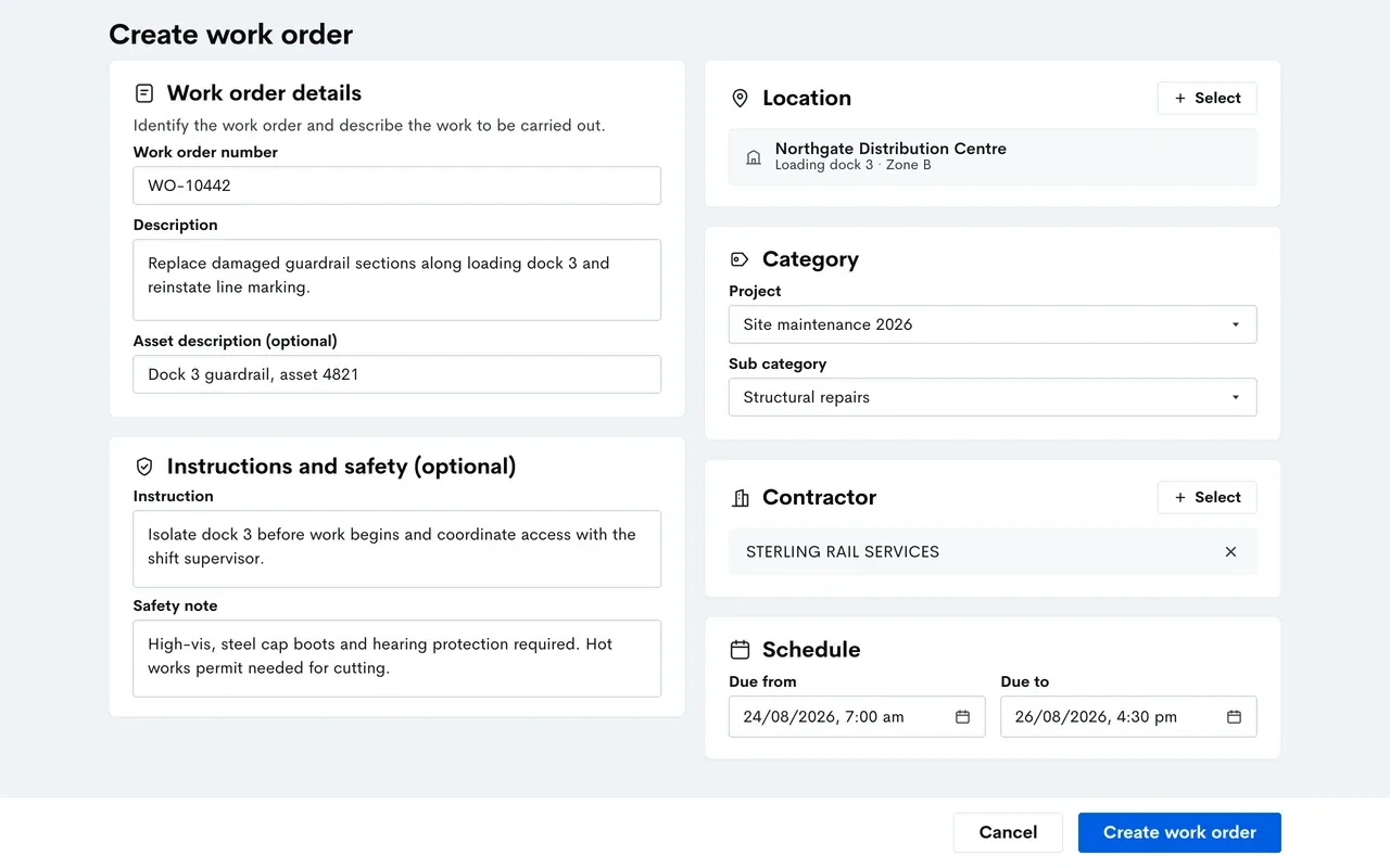 Create work order form with work order details, location, category, contractor, schedule, instructions and a safety note.