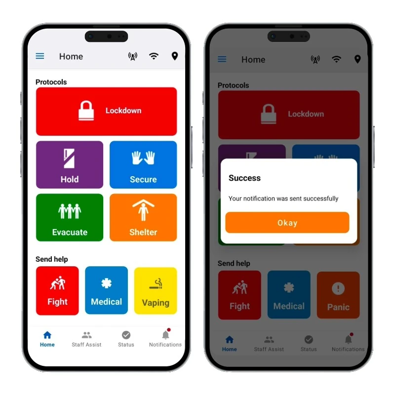 Two phones showing an app home screen with coloured buttons for lockdown, hold, secure, evacuate, shelter, fight, medical and vaping, and a message that a notification was sent