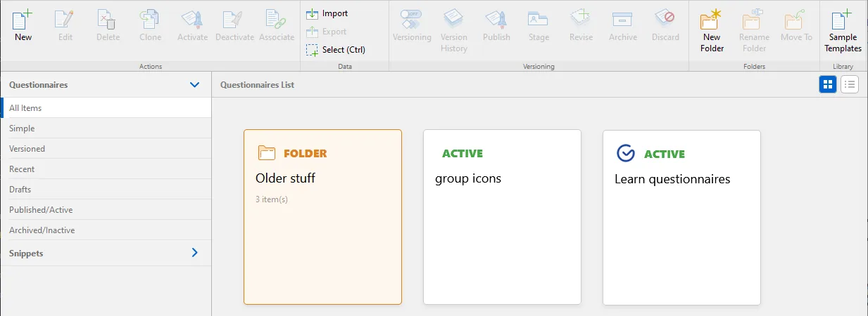 Resco Questionnaire Designer toolbar with New, Import, Versioning, Publish and Folder commands above a list of questionnaire tiles