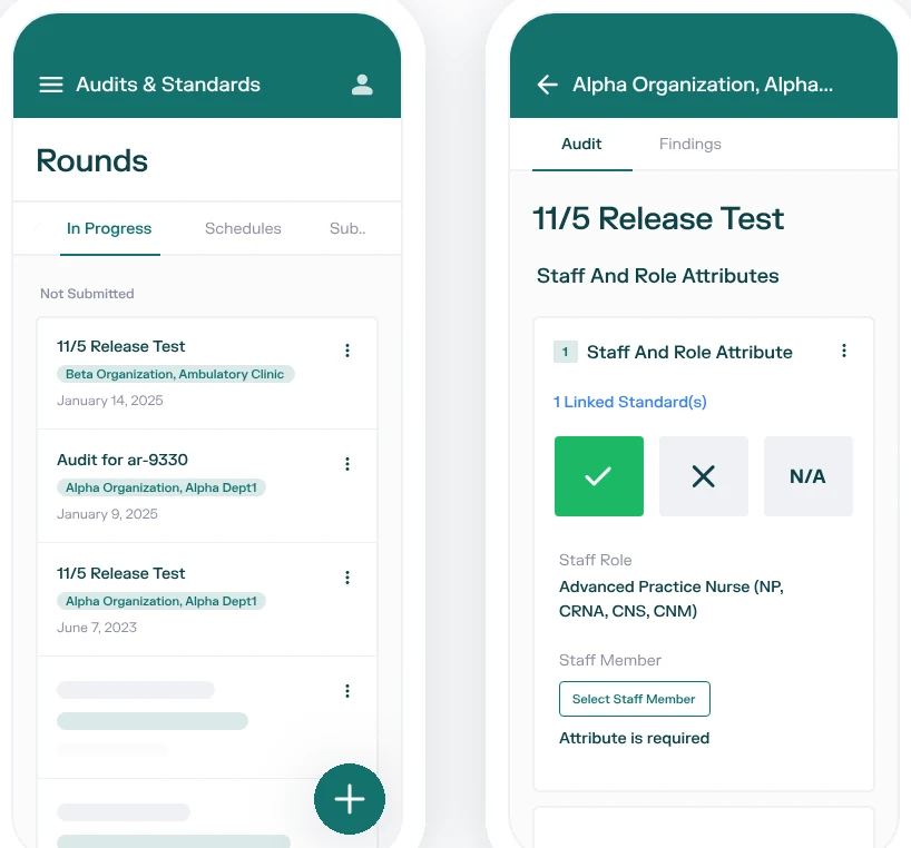 Two phone screens showing a list of rounds in progress and an audit item with pass, fail and not applicable choices