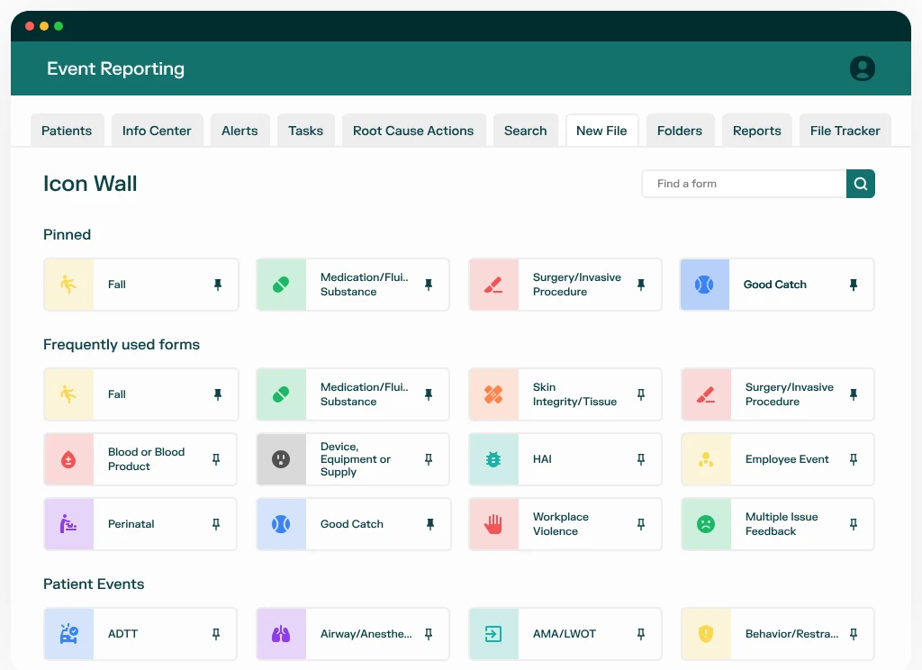 Browser window titled Event Reporting with tabs and a grid of event form tiles such as falls and good catches
