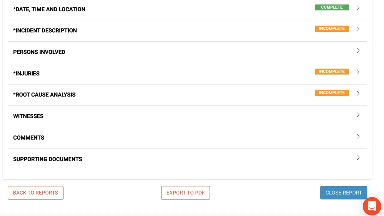 Incident report screen listing sections from date and location to supporting documents, with Complete or Incomplete tags.