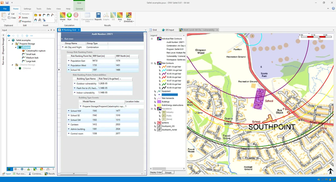 Safeti window with a tree of scenarios, an IR ranking grid and a site map with coloured risk contours near a school