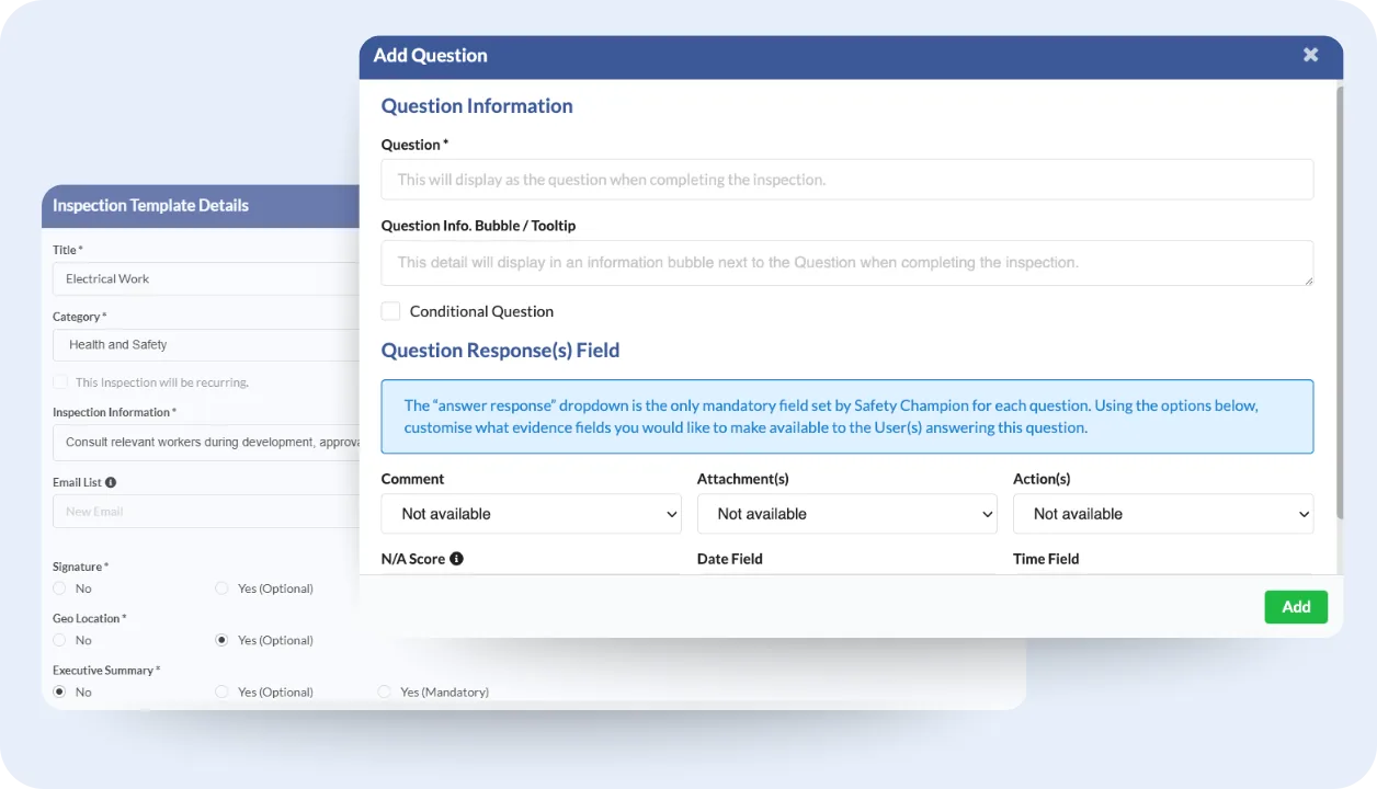 Inspection Template Details form behind an Add Question dialog with question text, conditional question and evidence field options.