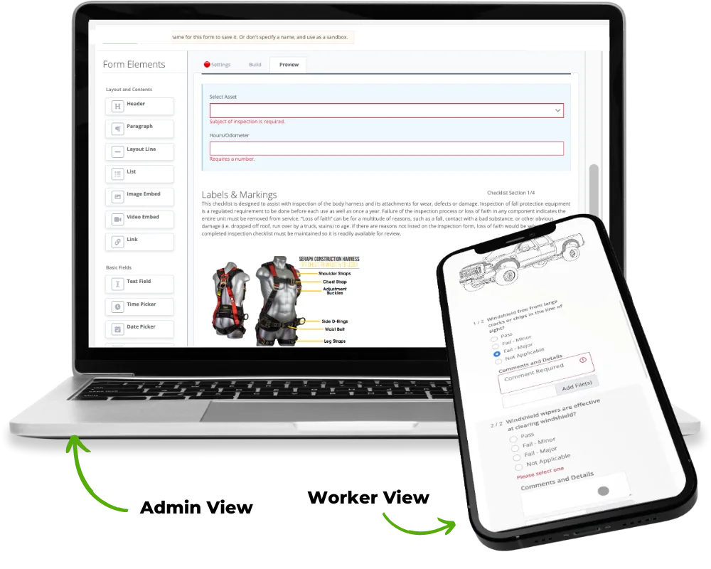 Laptop with the form elements panel and a preview of an inspection checklist, plus a phone showing checklist questions