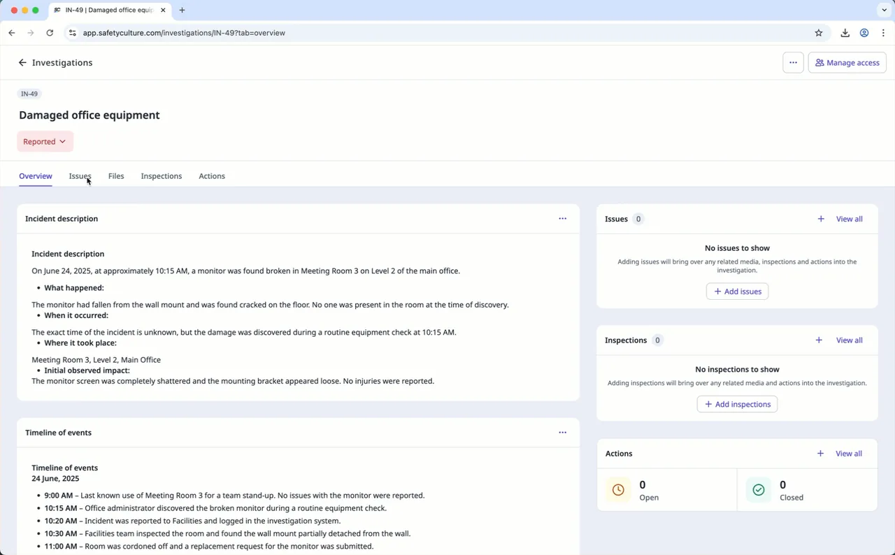 Mitti investigation workspace with linked evidence, issues, inspections and corrective actions