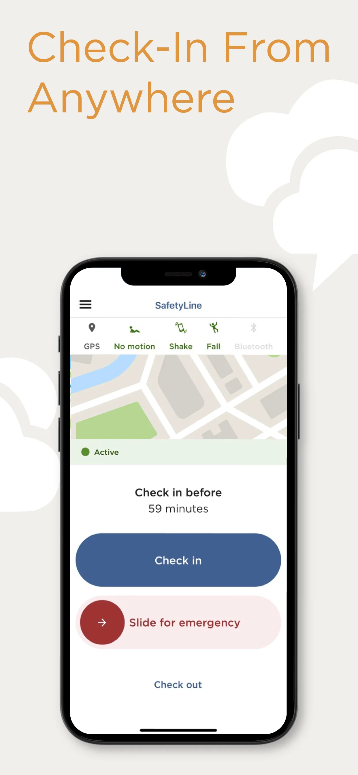 Phone showing SafetyLine app with GPS, no motion, shake and fall icons, a map, a check-in countdown and emergency slider