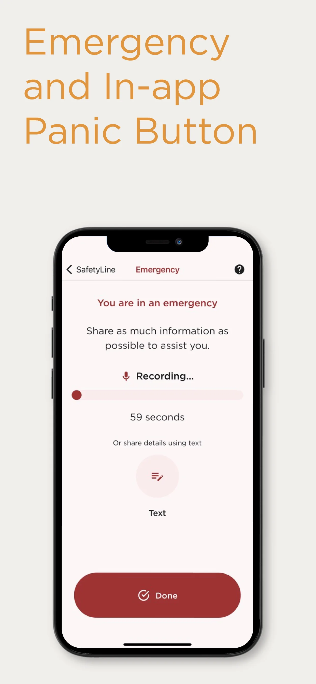 Phone showing SafetyLine emergency screen with recording timer, a text option and a Done button