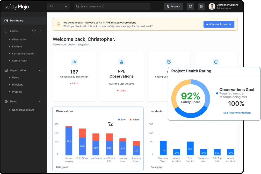 Dashboard with navigation menu, summary tiles, a project health rating donut at 92% and observation and incident bar charts