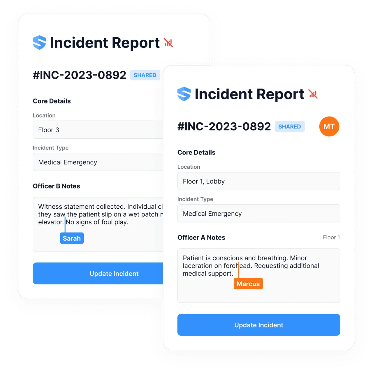 Two incident report cards showing location, incident type, officer notes and an Update Incident button, with Sarah and Marcus cursors