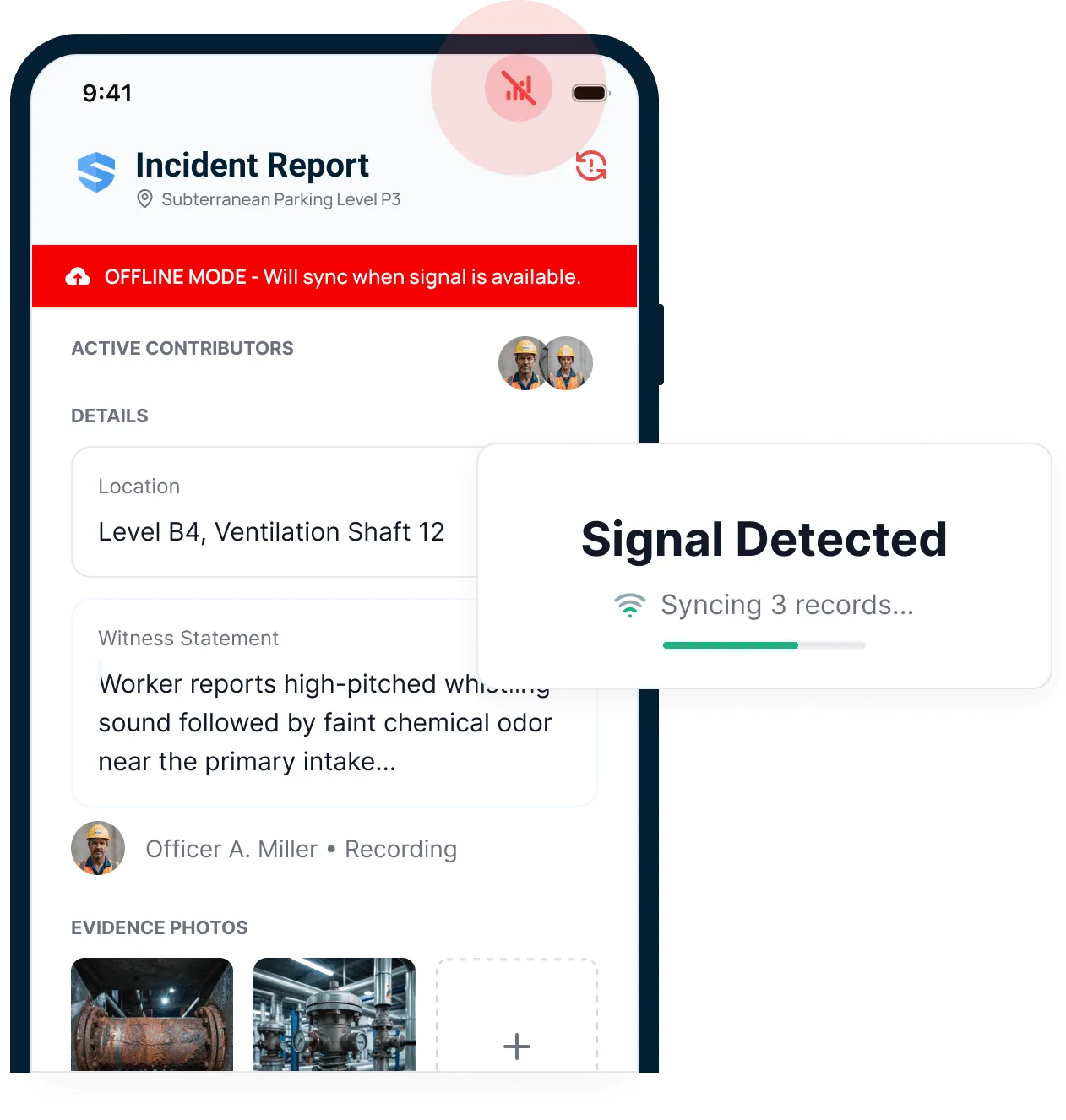 Phone screen of an incident report with an offline banner, witness statement, evidence photos and a Signal Detected syncing card